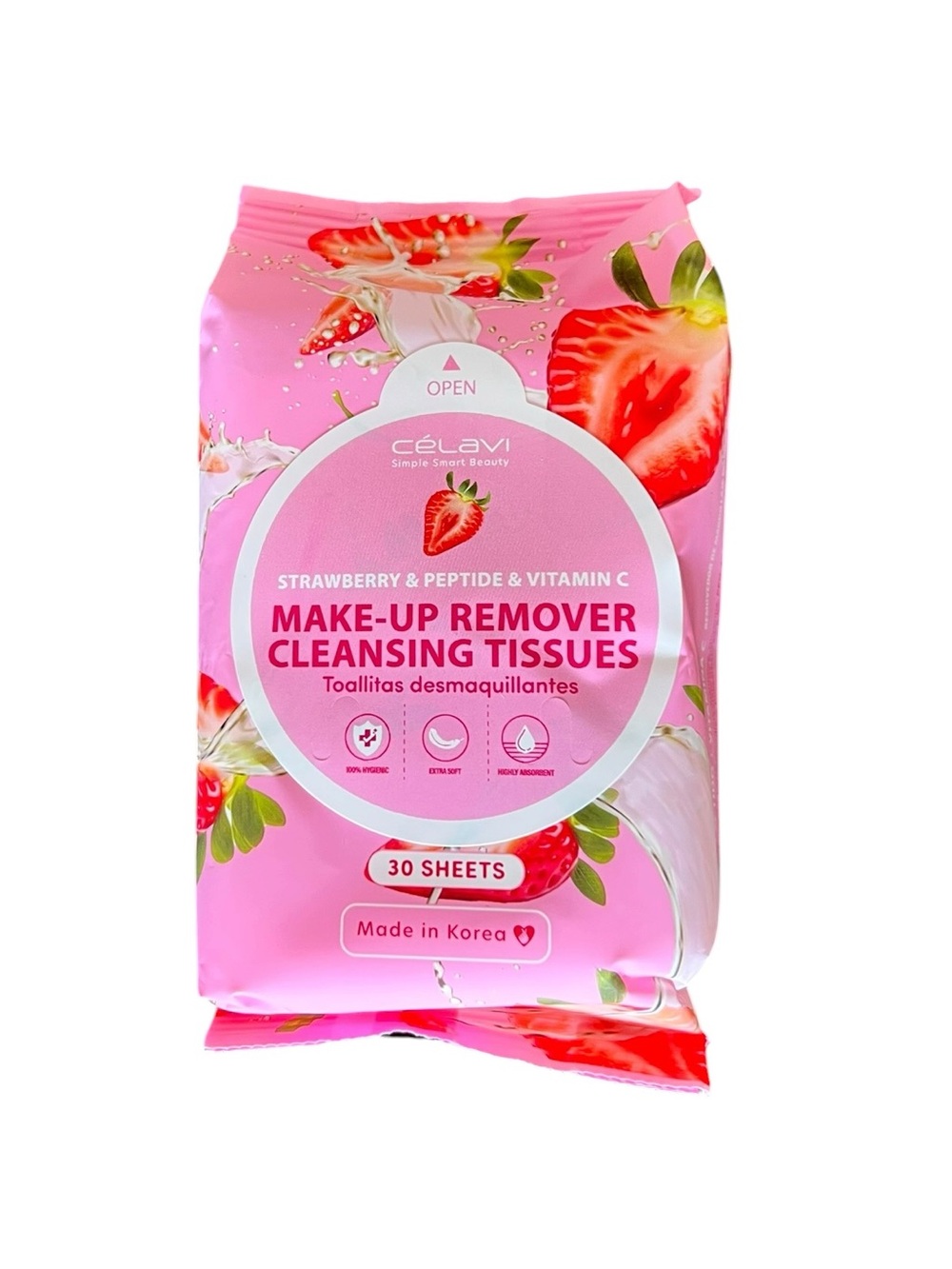 Celavi Strawberry Peptide Vitamin C Makeup Remover Cleansing Wipes 30 Towelettes